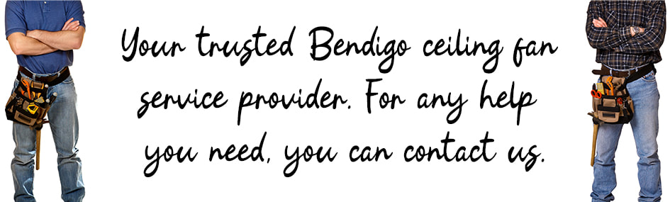Graphic design image of two electricians standing with written text between them about ceiling fan installation services in Bendigo