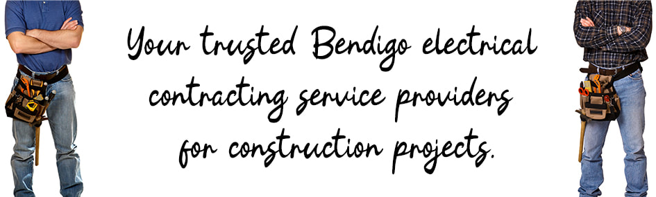Graphic design image of two electricians standing with written text between them about electrical contracting services in Bendigo