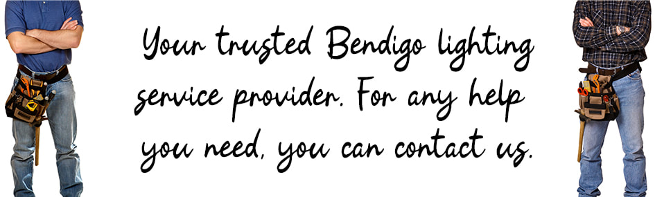 Graphic design image of two electricians standing with written text between them about lighting services in Bendigo
