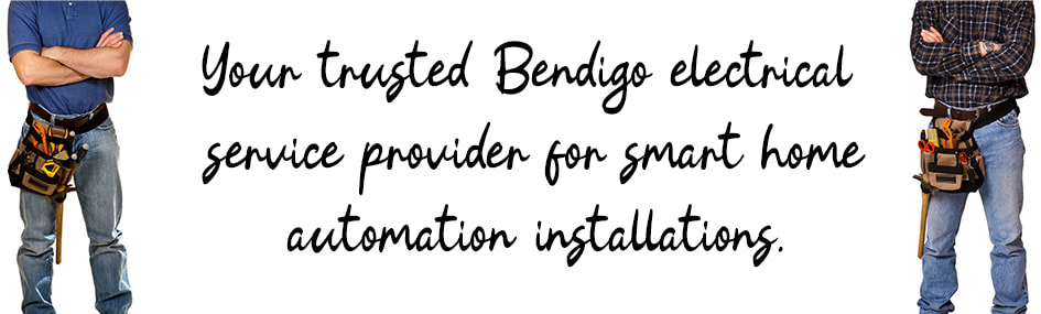 Graphic design image of two electricians standing with written text between them about smart home automation installation services in Bendigo