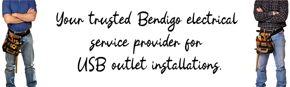 Graphic design image of two electricians standing with written text between them about USB outlet installation services in Bendigo