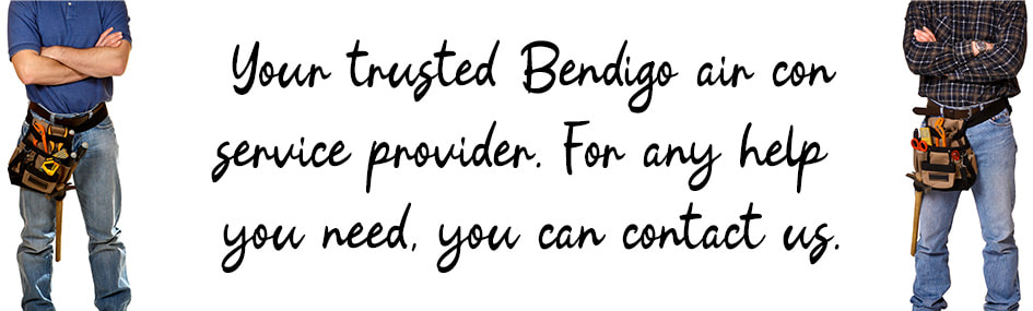 Graphic design image of two electricians standing with written text between them about air conditioning services in Bendigo