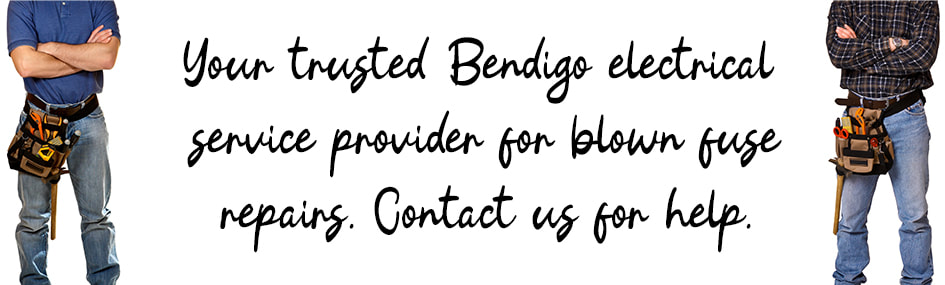 Graphic design image of two electricians standing with written text between them about blown fuse electrical services in Bendigo