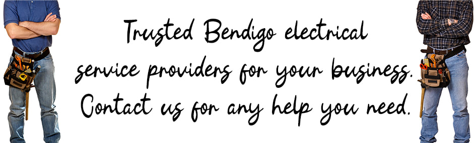 Graphic design image of two electricians standing with written text between them about commercial electrical services in Bendigo