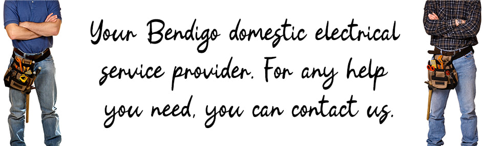 Graphic design image of two electricians standing with written text between them about domestic electrical services in Bendigo