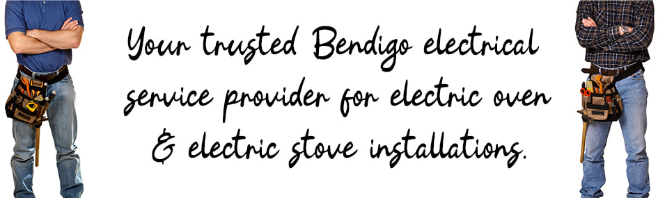Graphic design image of two electricians standing with written text between them about electric oven and electric stove installation services in Bendigo