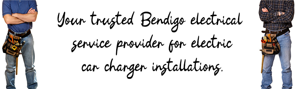 Graphic design image of two electricians standing with written text between them about electric vehicle charger installation services in Bendigo