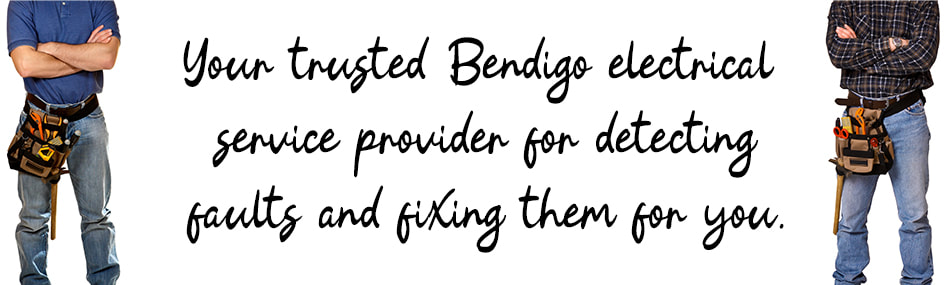 Graphic design image of two electricians standing with written text between them about electrical fault detection services in Bendigo