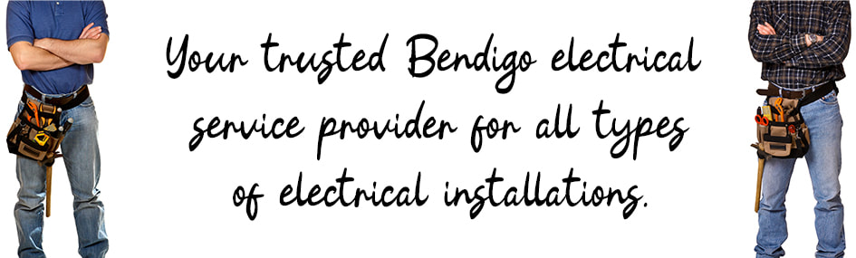Graphic design image of two electricians standing with written text between them about electrical installation services in Bendigo
