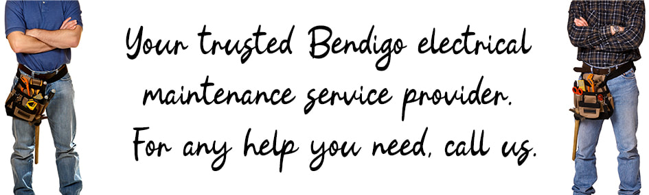 Graphic design image of two electricians standing with written text between them about electrical maintenance services in Bendigo