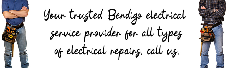 Graphic design image of two electricians standing with written text between them about electrical repair services in Bendigo