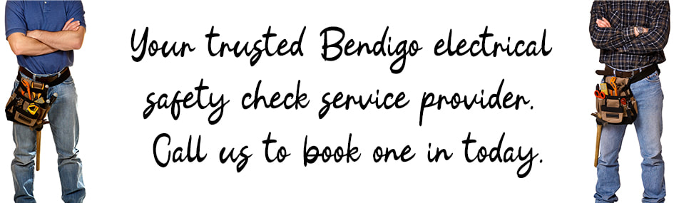 Graphic design image of two electricians standing with written text between them about electrical safety check services in Bendigo