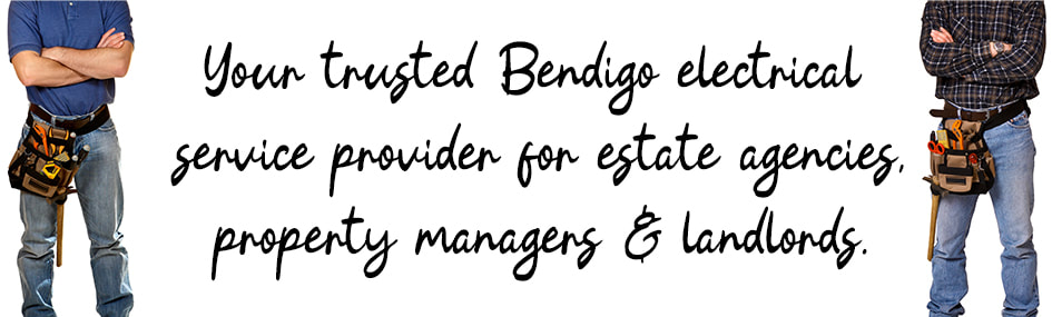 Graphic design image of two electricians standing with written text between them about electrical services for property managers in Bendigo