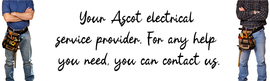 Graphic design image of two electricians standing with written text between them about electrical services in Ascot