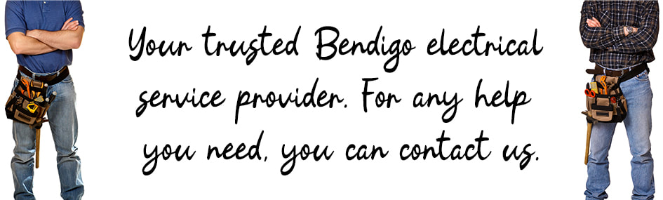 Graphic design image of two electricians standing with written text between them about electrical services in Bendigo