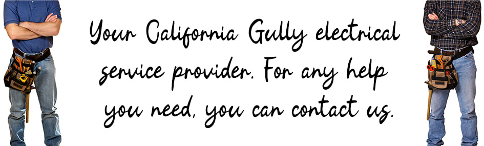 Graphic design image of two electricians standing with written text between them about electrical services in California Gully