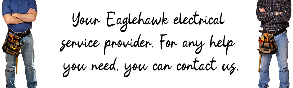 Graphic design image of two electricians standing with written text between them about electrical services in Eaglehawk