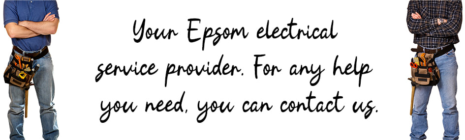 Graphic design image of two electricians standing with written text between them about electrical services in Epsom