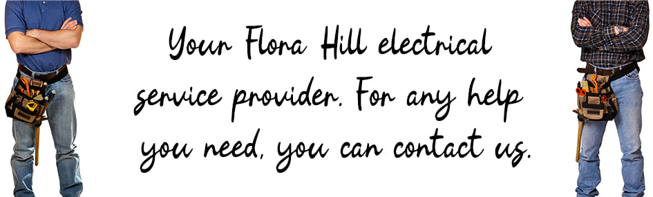 Graphic design image of two electricians standing with written text between them about electrical services in Flora Hill