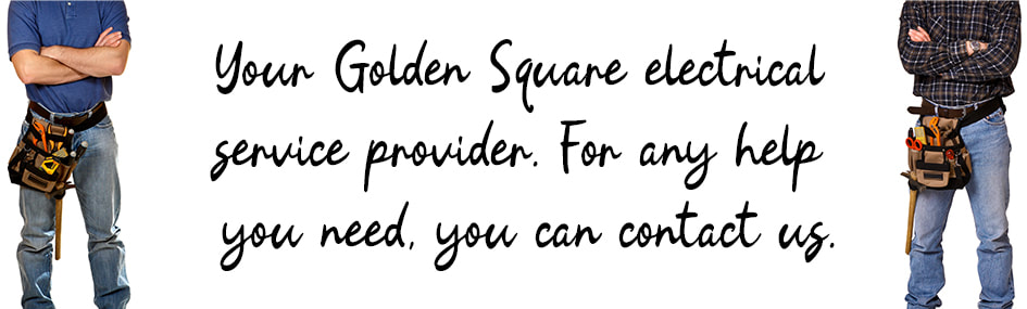 Graphic design image of two electricians standing with written text between them about electrical services in Golden Square