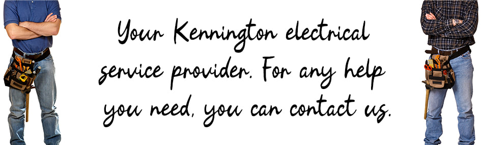 Graphic design image of two electricians standing with written text between them about electrical services in Kennington