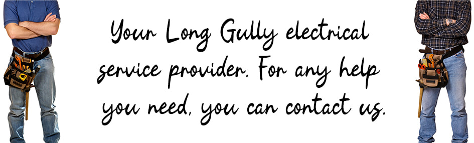 Graphic design image of two electricians standing with written text between them about electrical services in Long Gully