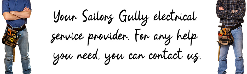 Graphic design image of two electricians standing with written text between them about electrical services in Sailors Gully