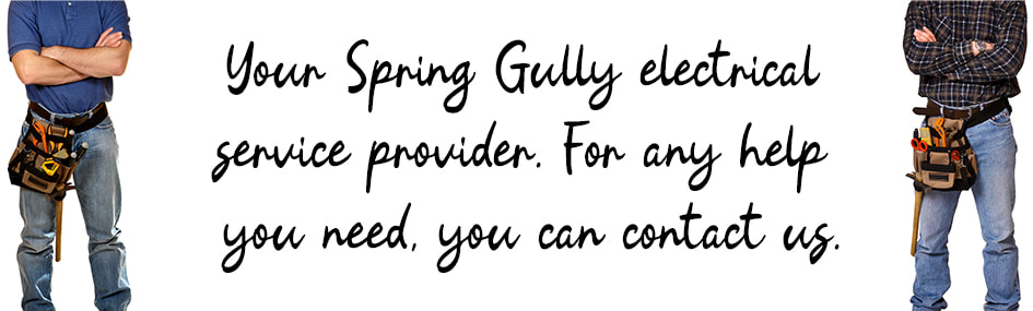 Graphic design image of two electricians standing with written text between them about electrical services in Spring Gully