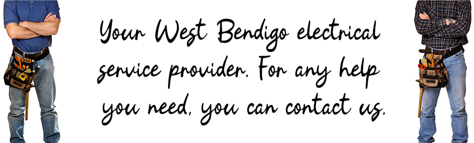 Graphic design image of two electricians standing with written text between them about electrical services in West Bendigo