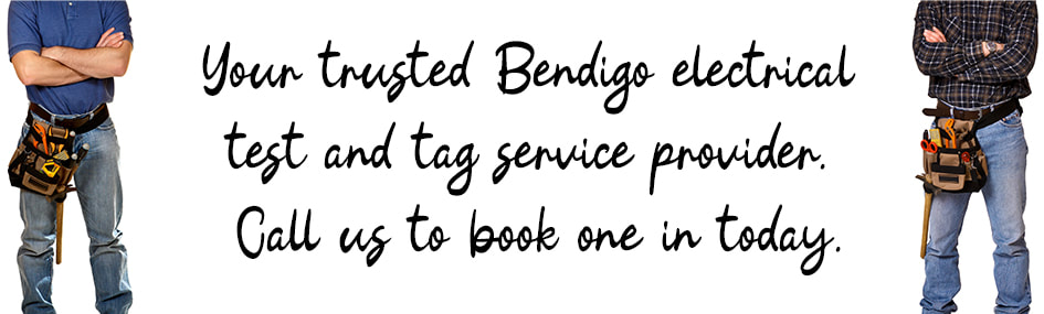 Graphic design image of two electricians standing with written text between them about electrical test and tag services in Bendigo
