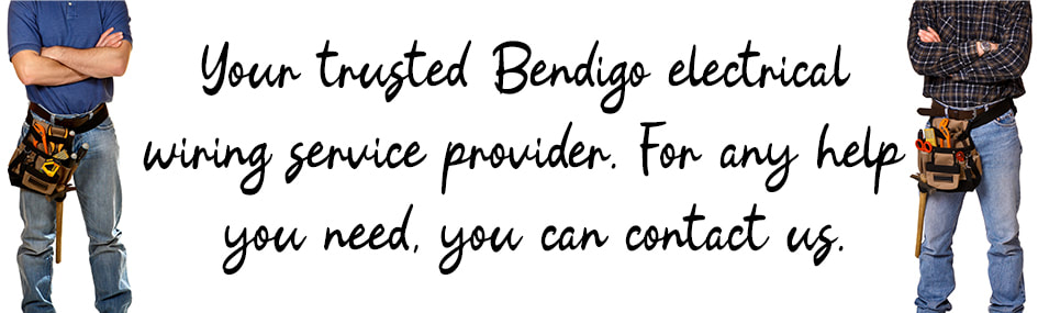 Graphic design image of two electricians standing with written text between them about electrical wiring services in Bendigo