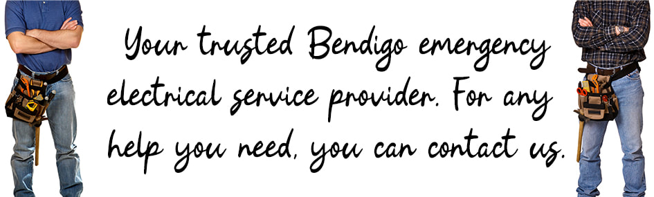 Graphic design image of two electricians standing with written text between them about emergency electrical services in Bendigo