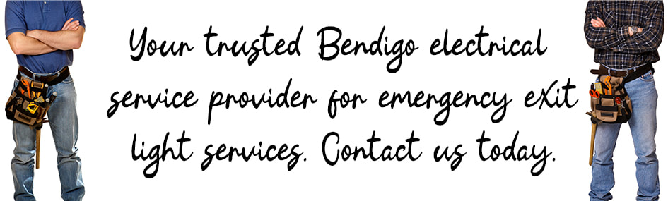 Graphic design image of two electricians standing with written text between them about emergency exit light electrical services in Bendigo