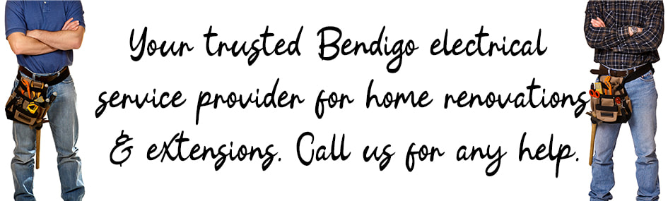Graphic design image of two electricians standing with written text between them about home renovation and extension electrical services in Bendigo