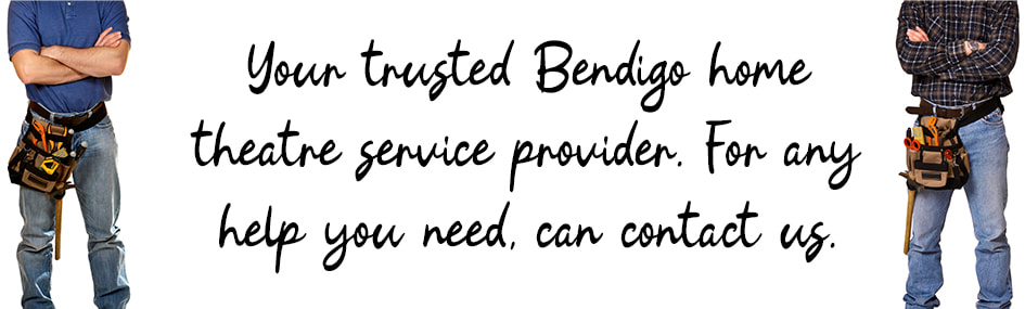 Graphic design image of two electricians standing with written text between them about home theatre electrical services in Bendigo
