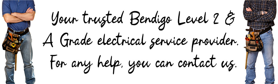 Graphic design image of two electricians standing with written text between them about level 2 and Grade A electrical services in Bendigo