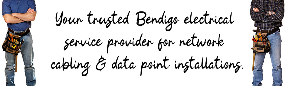 Graphic design image of two electricians standing with written text between them about network cable and data point installation services in Bendigo