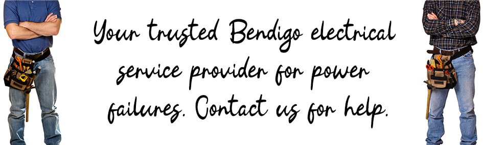 Graphic design image of two electricians standing with written text between them about power outage services in Bendigo