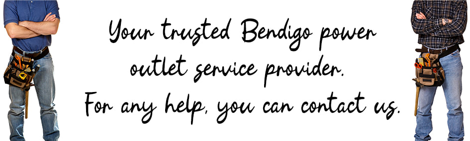 Graphic design image of two electricians standing with written text between them about power outlet services in Bendigo