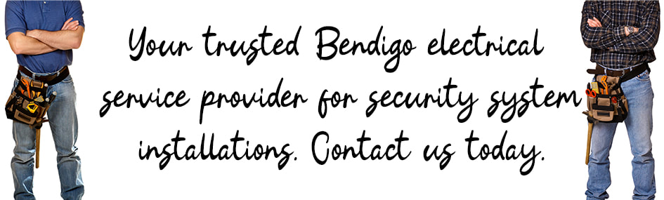 Graphic design image of two electricians standing with written text between them about security system installation services in Bendigo