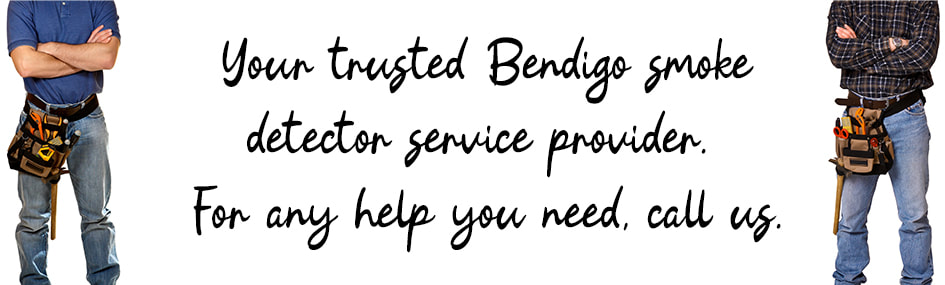 Graphic design image of two electricians standing with written text between them about smoke alarm installations and services in Bendigo