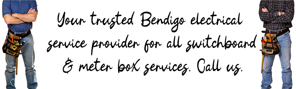 Graphic design image of two electricians standing with written text between them about switchboard and meter box services in Bendigo