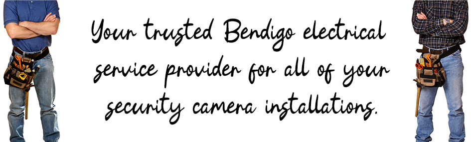 Graphic design image of two electricians standing with written text between them regarding cctv security camera installation services in Bendigo